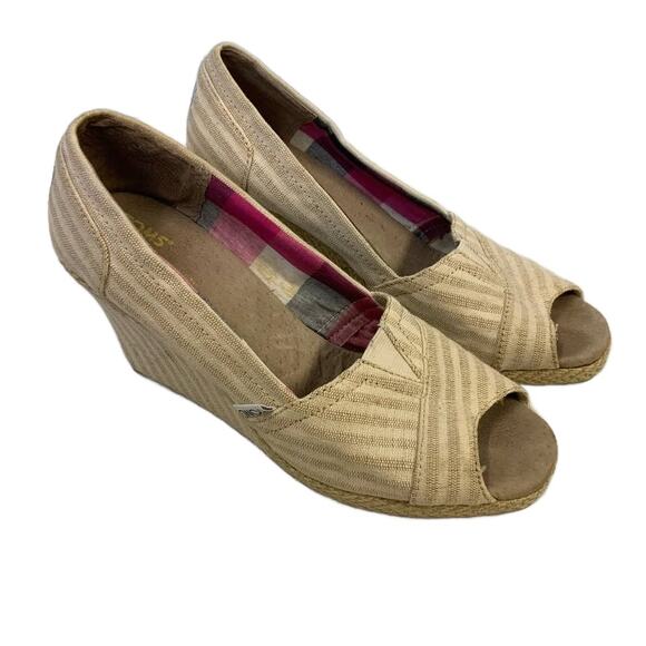 Toms Womens Size 7 Open Toe Striped Fabric High Heel Wedge Casual Shoes - Picture 1 of 5